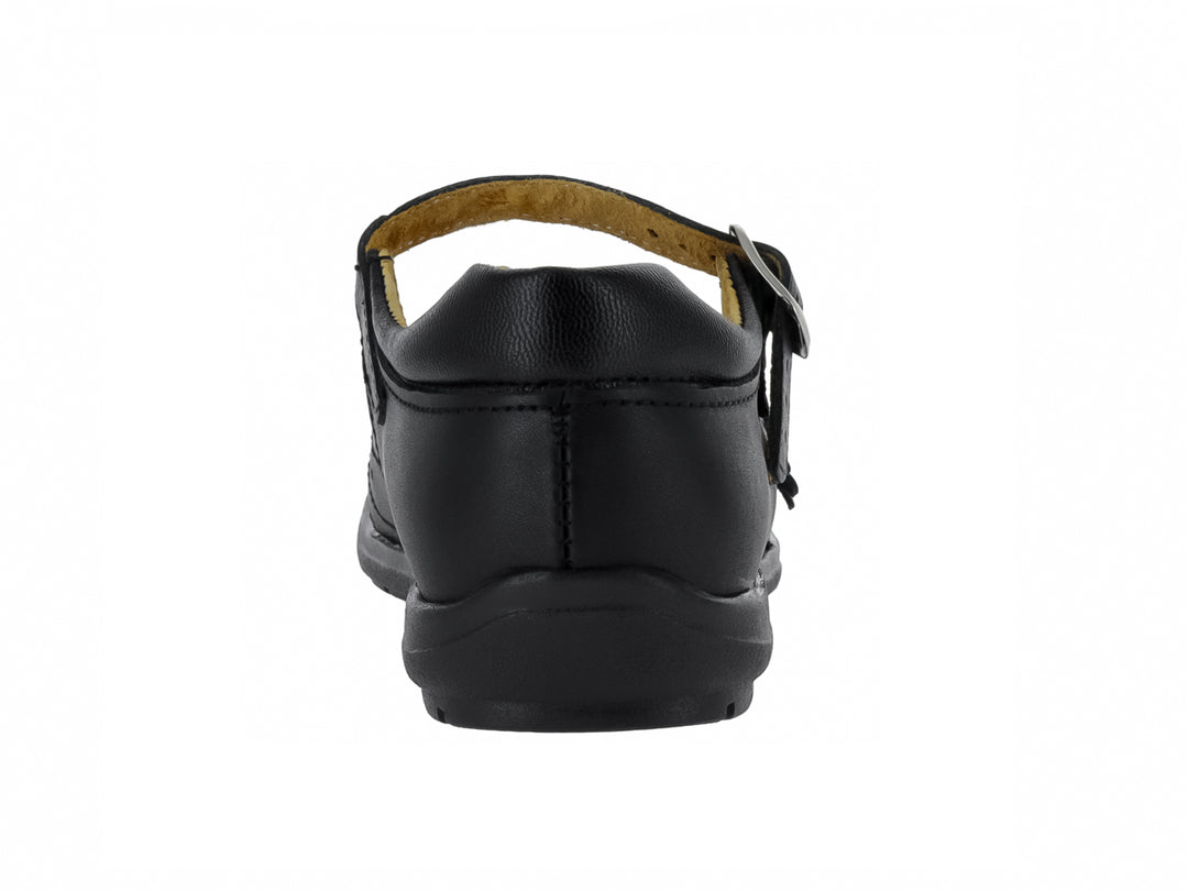 Zapato infantil negro de piel estilo Mary Jane con correa, hebilla plateada y adornos de flores en la punta.