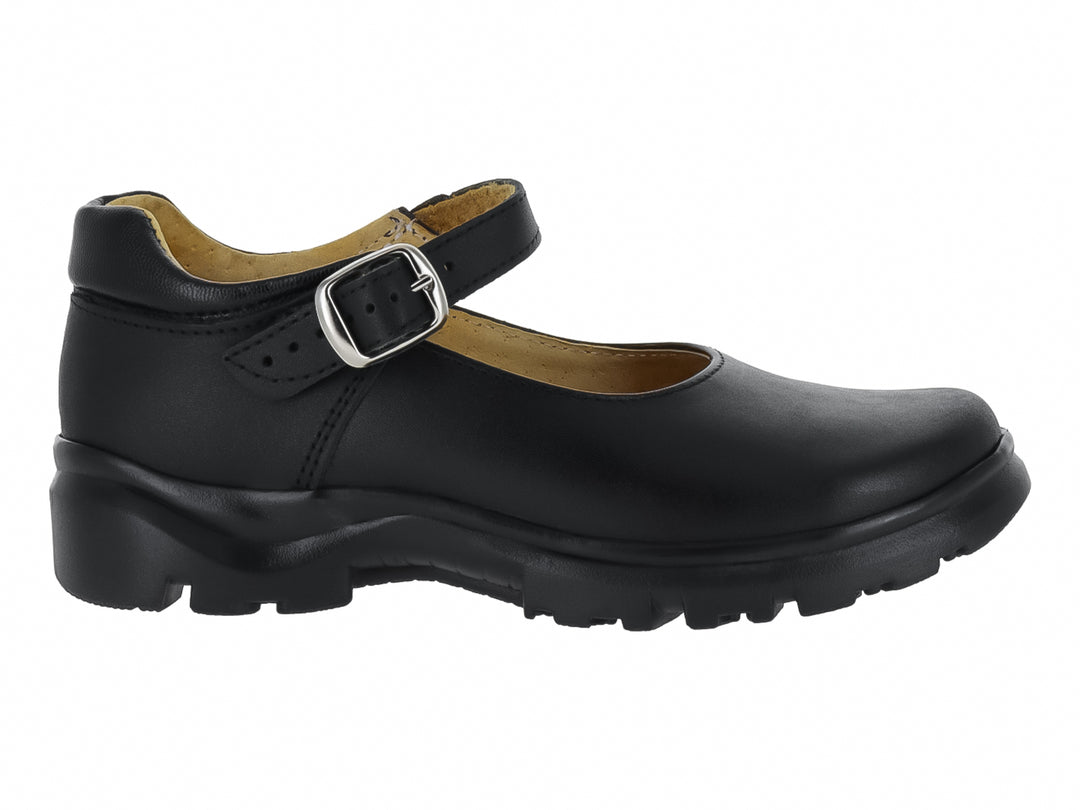 Zapato escolar negro de piel para niño o niña con correa, hebilla plateada y suela tipo tractor.