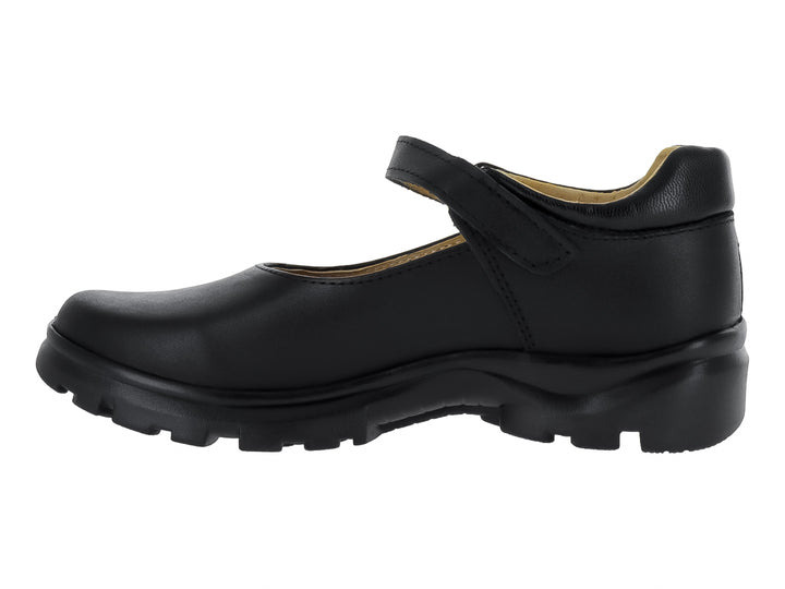 Zapato escolar negro de piel para niño o niña con correa, hebilla plateada y suela tipo tractor.