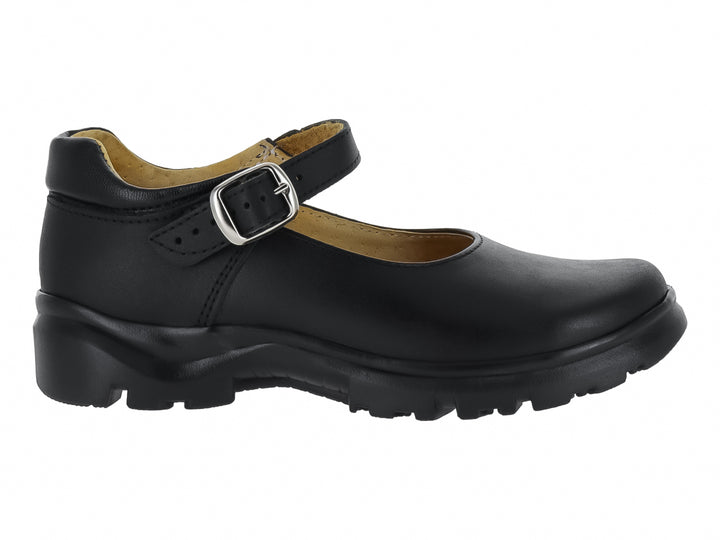 Zapato escolar negro de piel para niño o niña con correa, hebilla plateada y suela tipo tractor.