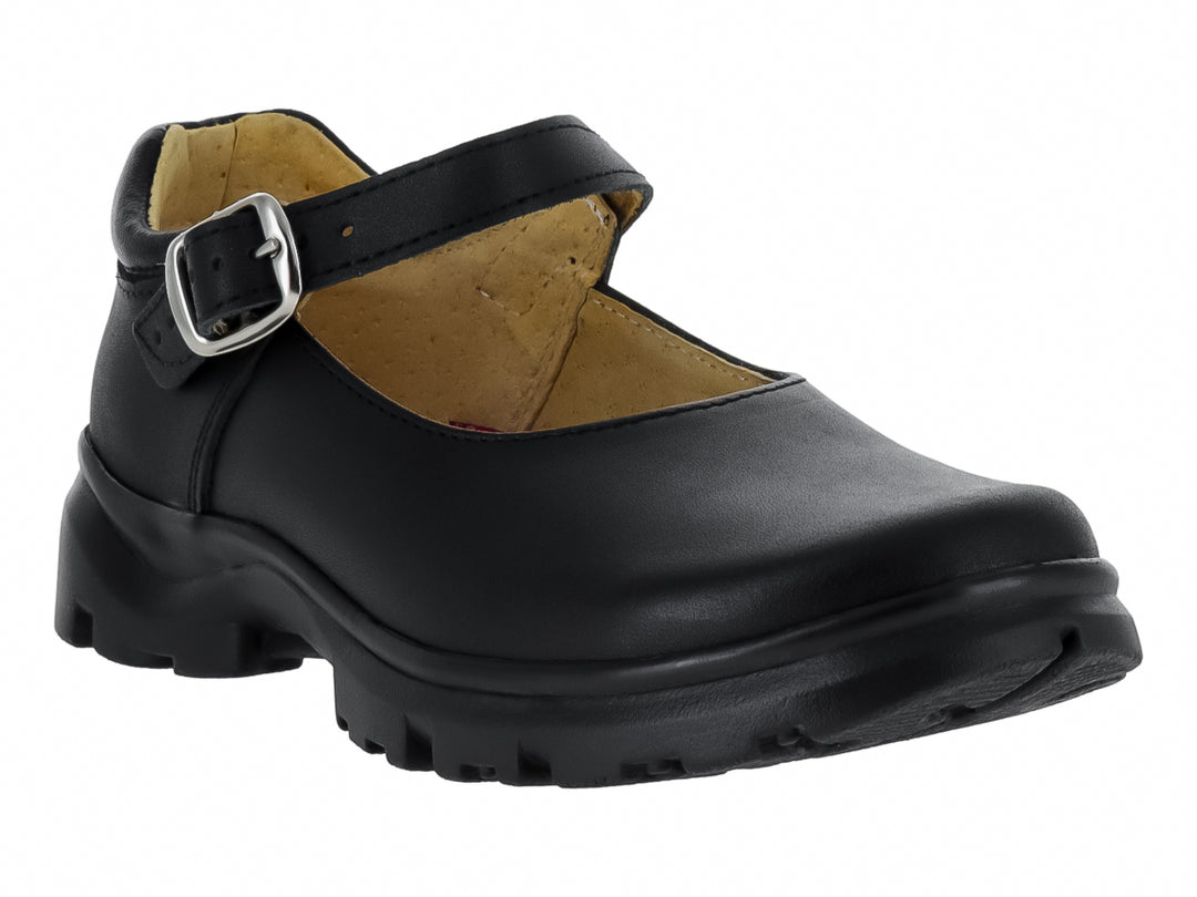 Zapato escolar negro de piel para niño o niña con correa, hebilla plateada y suela tipo tractor.