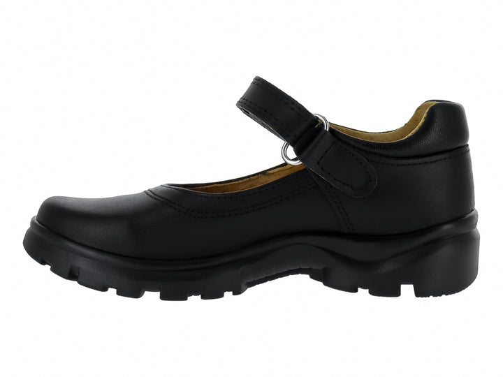 Zapato escolar negro de piel con correa y suela tractor para niño o niña.