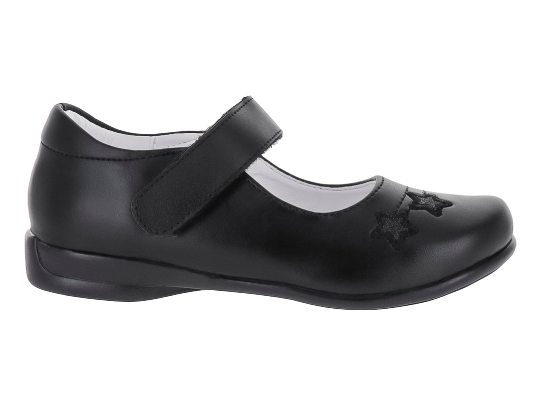 Zapato negro para niña con correa de velcro y detalle de estrellas en la parte frontal.
