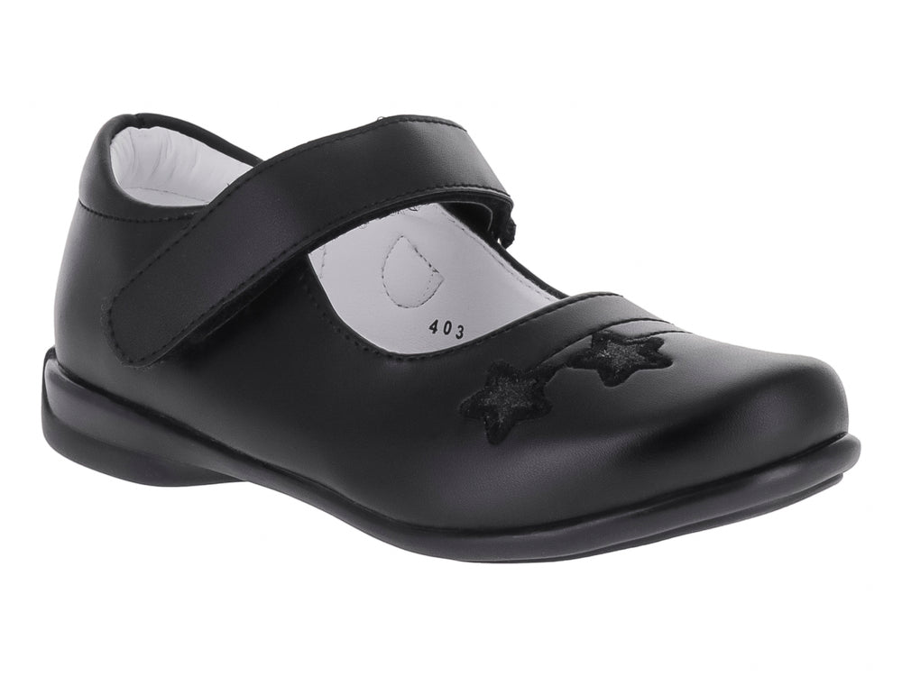 Zapato negro para niña con correa de velcro y detalle de estrellas en la parte frontal.