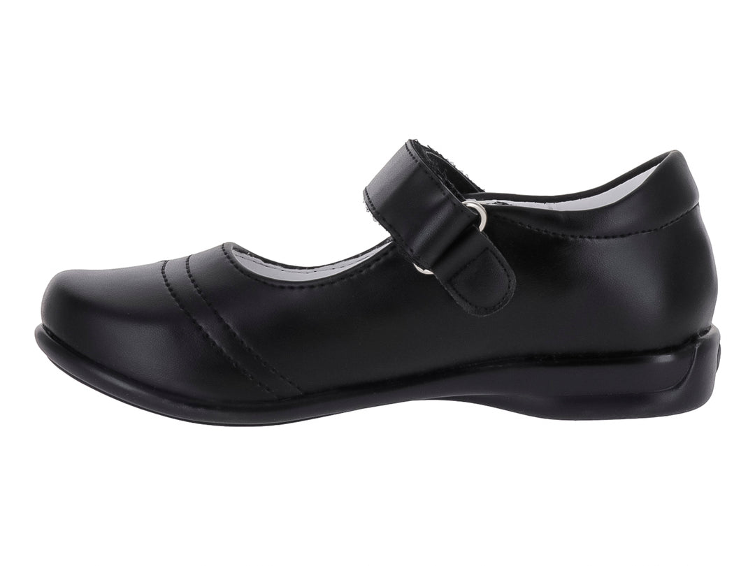 Zapato infantil color negro de material sintético con correa de ajuste y detalles de estrellas en la punta.