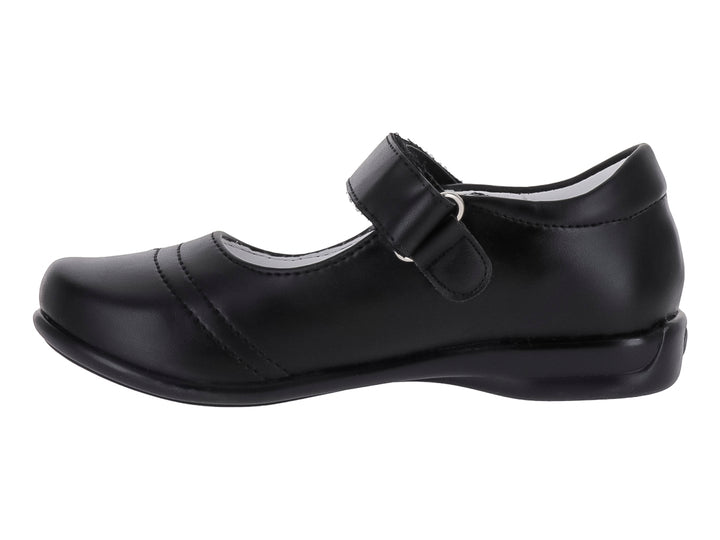 Zapato infantil color negro de material sintético con correa de ajuste y detalles de estrellas en la punta.