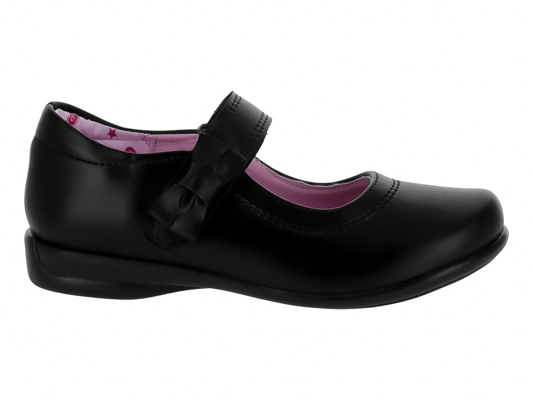 Zapato negro para niña estilo Mary Jane con moño y correa, interior en color rosa.