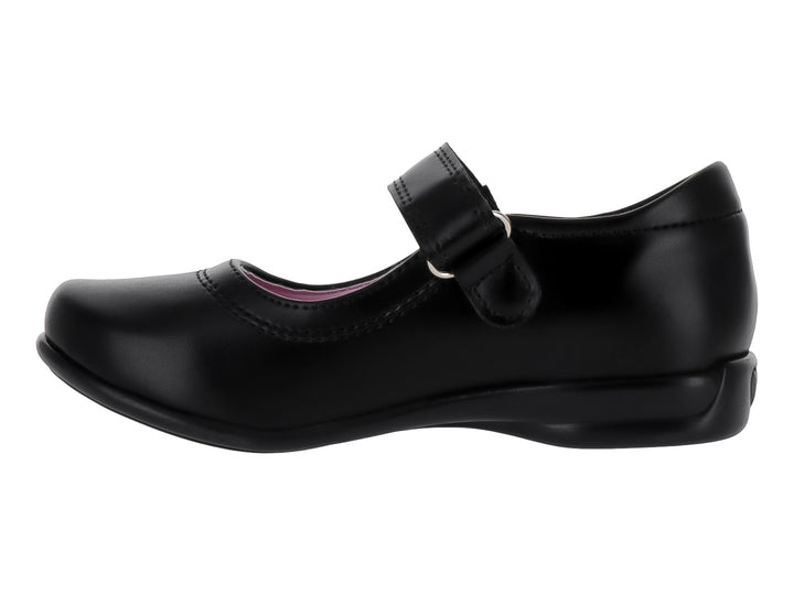 Zapato negro para niña estilo Mary Jane con moño y correa, interior en color rosa.
