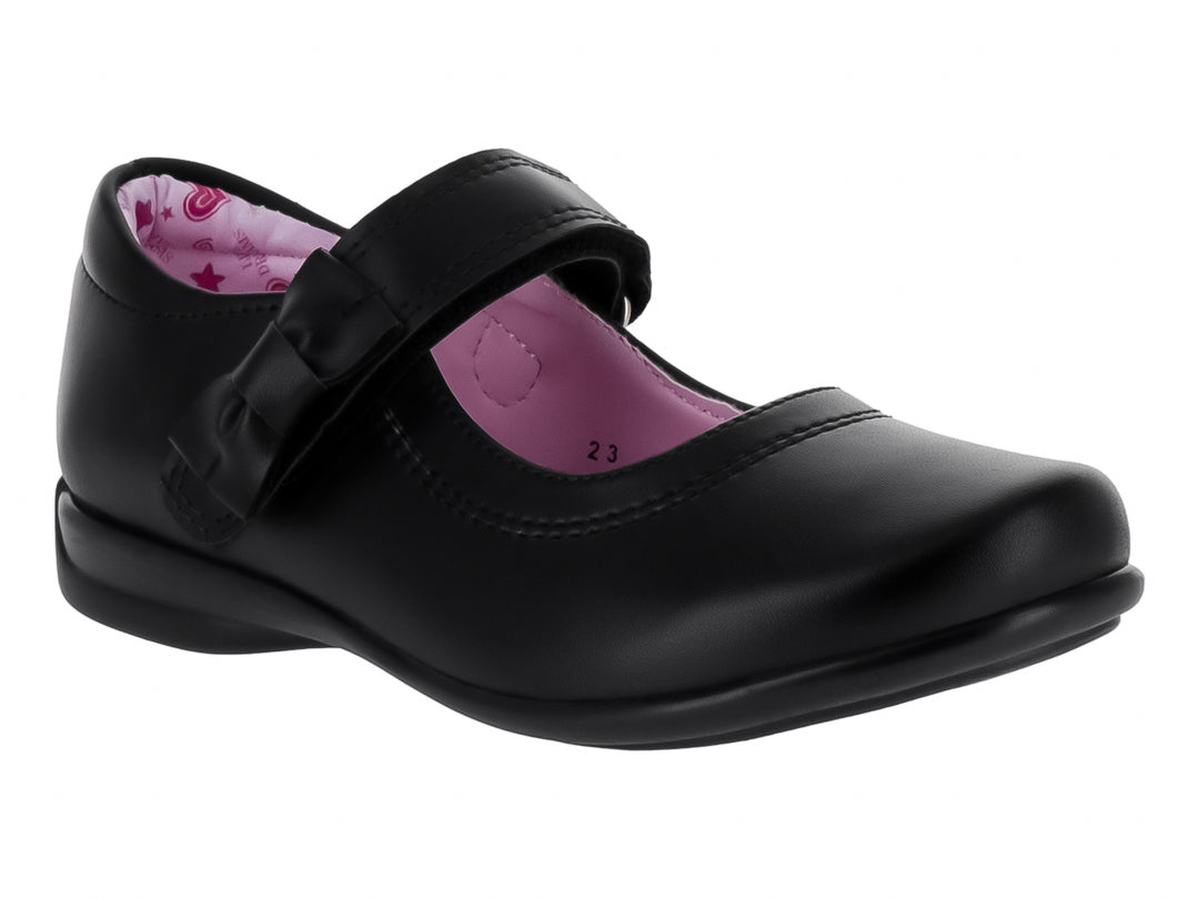 Zapato negro para niña estilo Mary Jane con correa, moño decorativo e interior rosa.