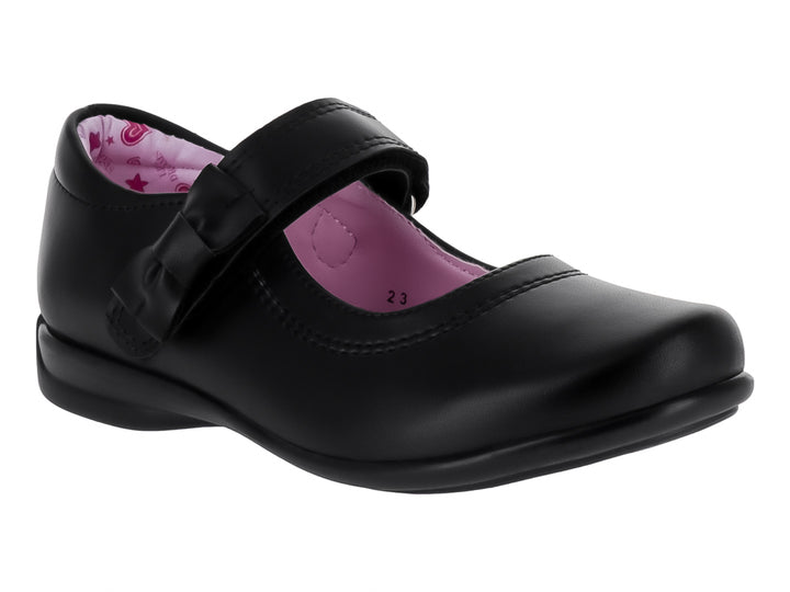 Zapato negro para niña estilo Mary Jane con correa, moño decorativo e interior rosa.