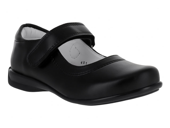 Zapato escolar negro para niña estilo Mary Jane con correa y punta redondeada.