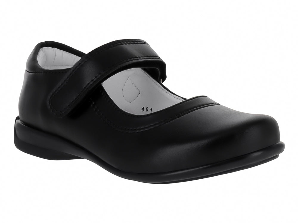Zapato escolar negro para niña estilo Mary Jane con correa y punta redondeada.