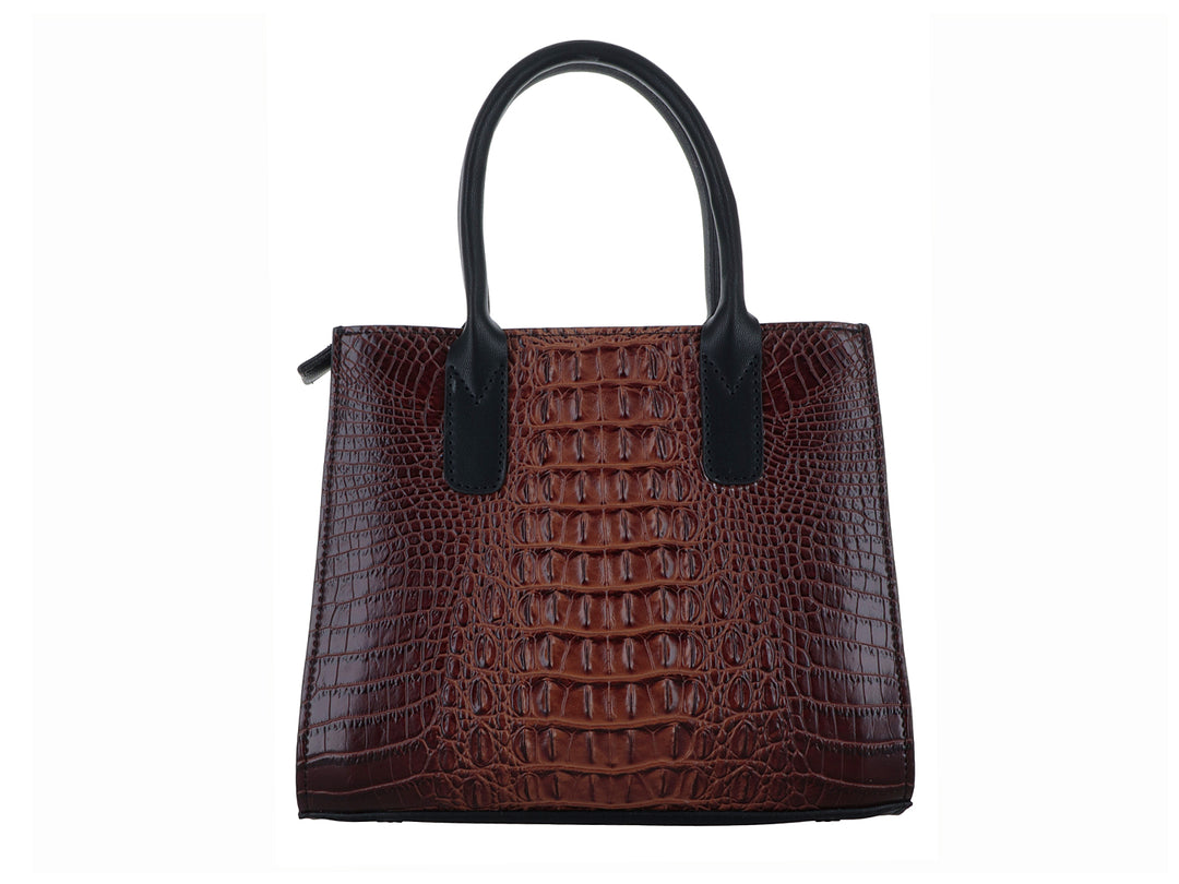 Bolso satchel color café con textura de cocodrilo, asas negras y un adorno metálico en forma de serpiente al frente.