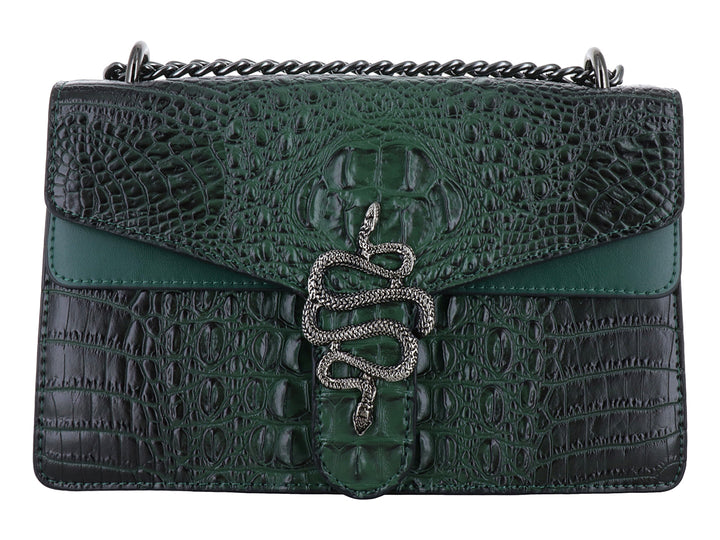 Bolso verde militar con textura de cocodrilo y cierre metálico en forma de serpiente.
