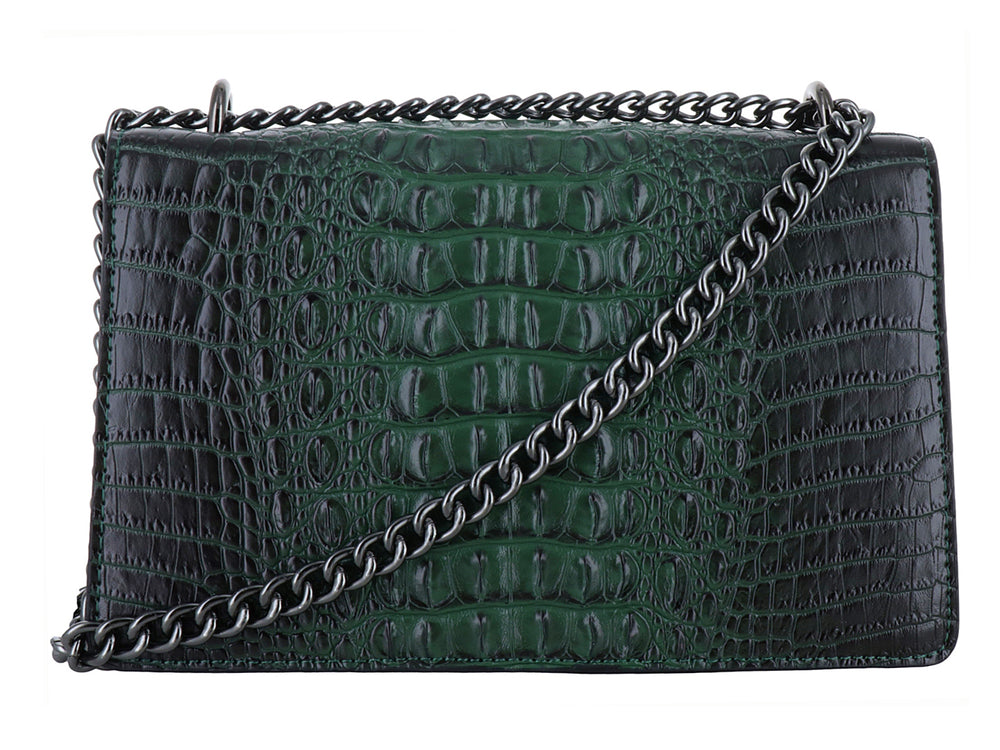 Bolso verde militar con textura de cocodrilo y cierre metálico en forma de serpiente.