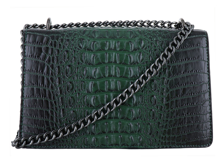 Bolso verde militar con textura de cocodrilo y cierre metálico en forma de serpiente.