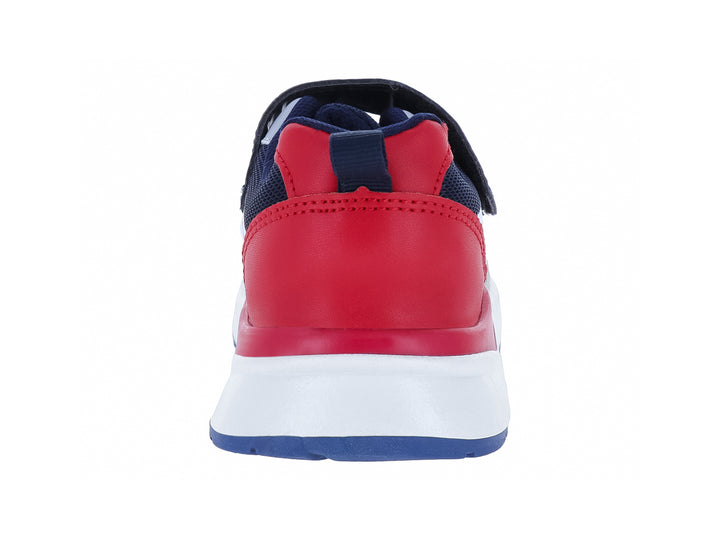 Zapato deportivo infantil marca BICHOS en colores azul marino, gris y rojo con suela blanca y cierre de velcro.