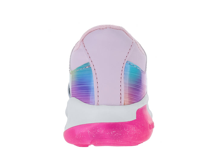 Tenis deportivos para niña color rosa con detalles multicolores iridiscentes y suela rosa.