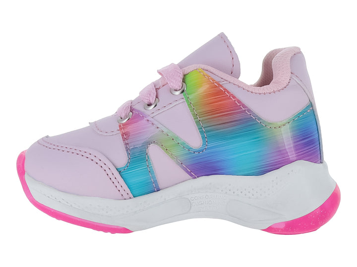 Tenis deportivos para niña color rosa con detalles multicolores iridiscentes y suela rosa.
