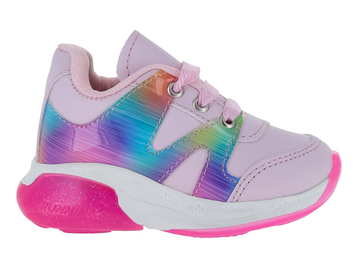 Tenis deportivos para niña color rosa con detalles multicolor iridiscentes y suela rosa.