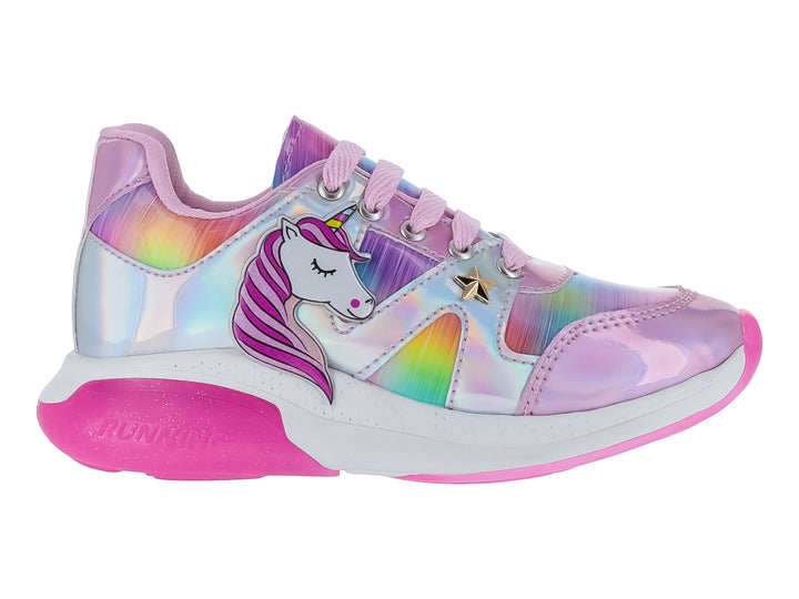 Tenis infantiles multicolores iridiscentes con diseño de unicornio y detalles en rosa.