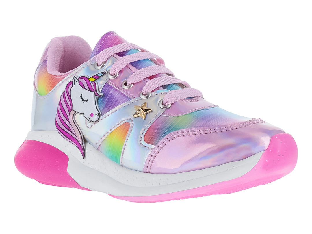 Tenis infantiles multicolores iridiscentes con diseño de unicornio y detalles en rosa.
