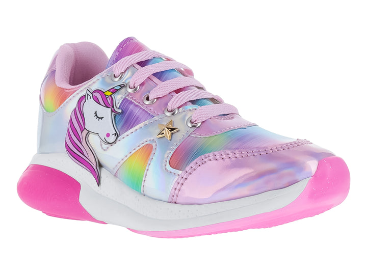 Tenis infantiles multicolores iridiscentes con diseño de unicornio y detalles en rosa.