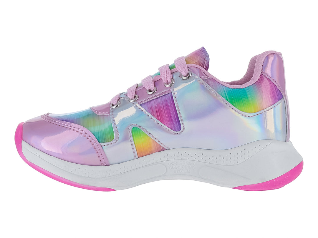Tenis infantiles multicolores iridiscentes con diseño de unicornio y detalles en rosa.