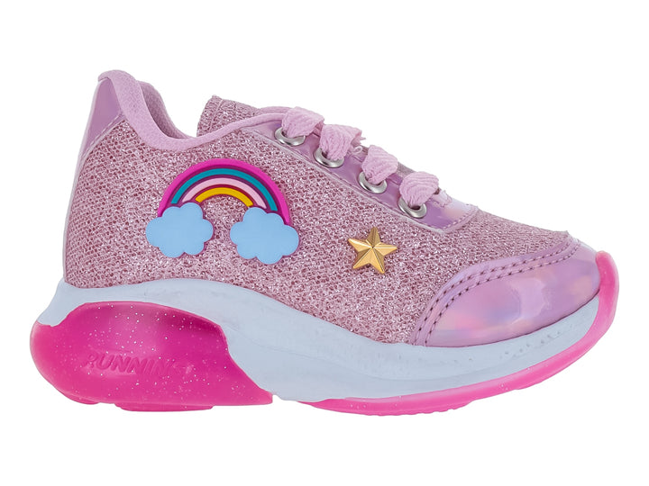 Tenis rosas con brillos para niña, con diseño de arcoíris, nubes y estrella dorada.