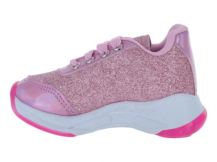 Tenis deportivos para niña en color rosa con glitter, decorados con un arcoíris y una estrella dorada.