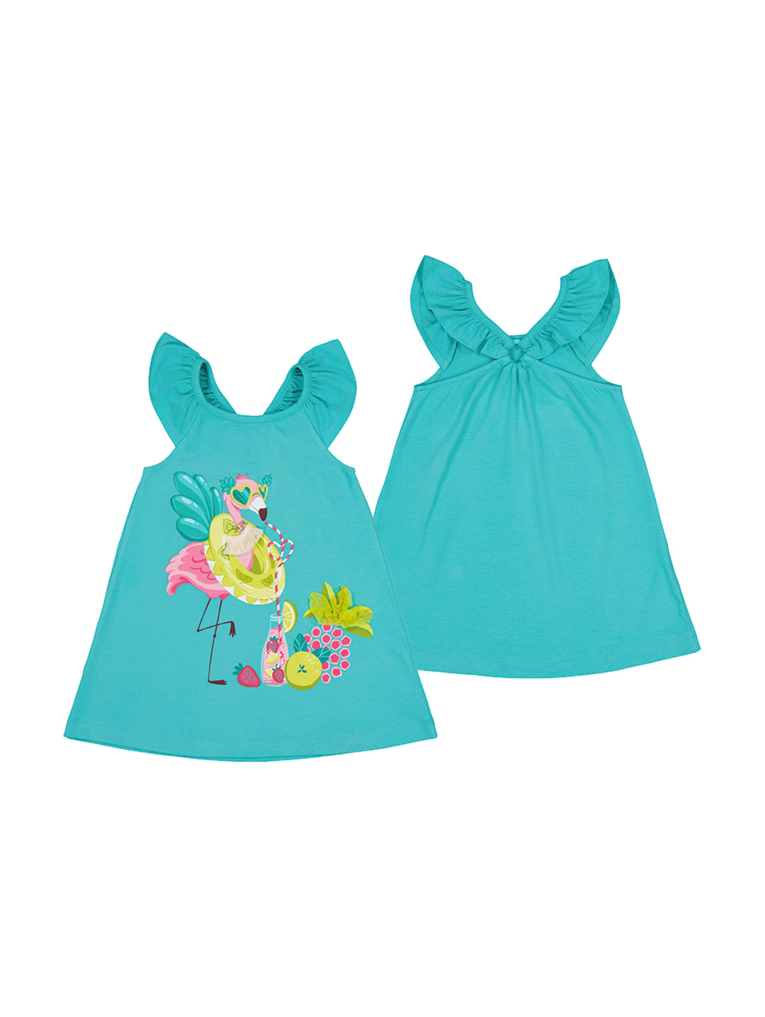 Vestido color jade para niña con estampado de flamenco y frutas y detalles de volantes en los hombros.