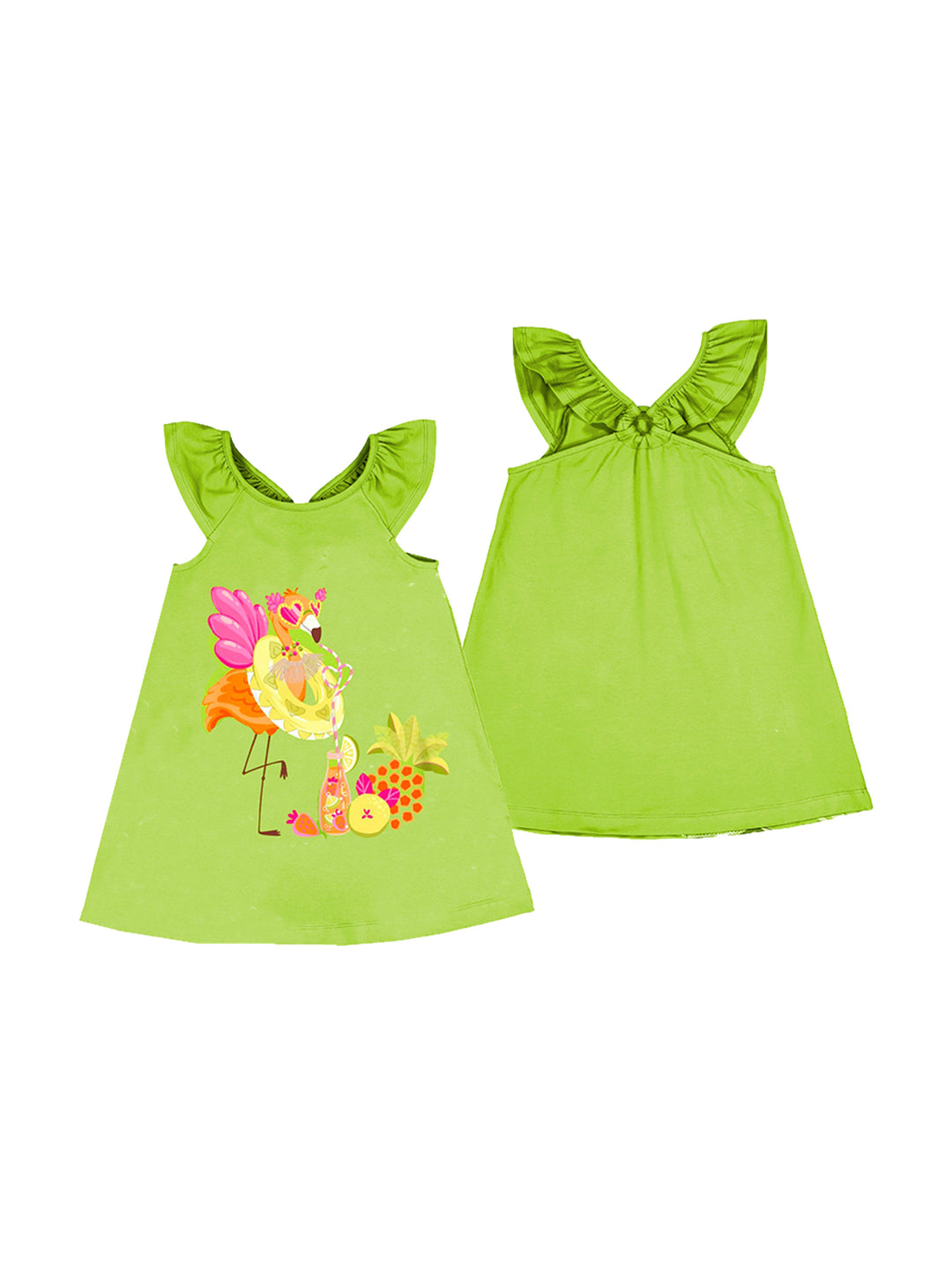 Vestido verde kiwi para niña con estampado tropical de flamenco y frutas en la parte frontal.