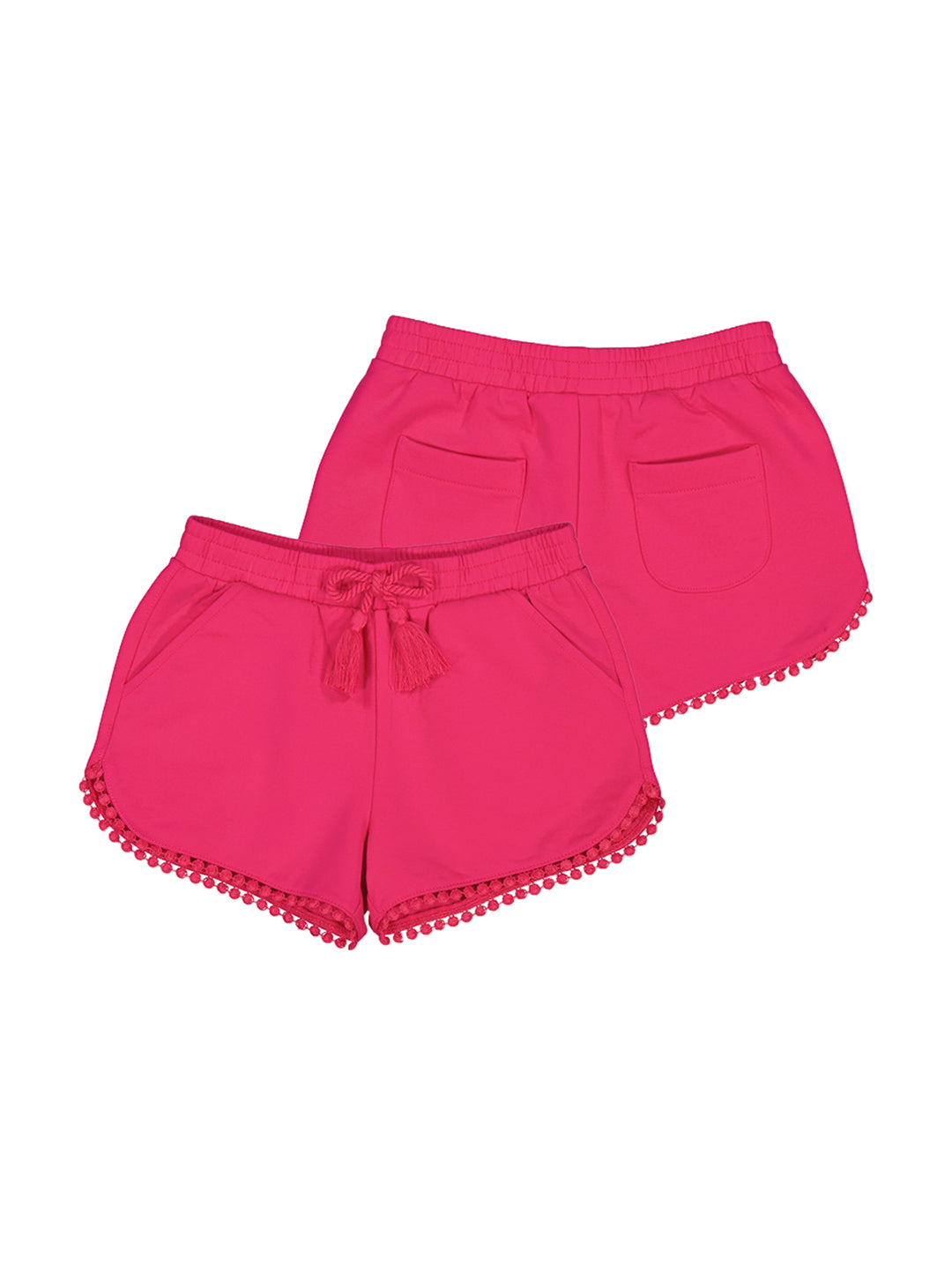 Shorts color fucsia para niña con detalles de pompones en el borde inferior y cintura elástica.