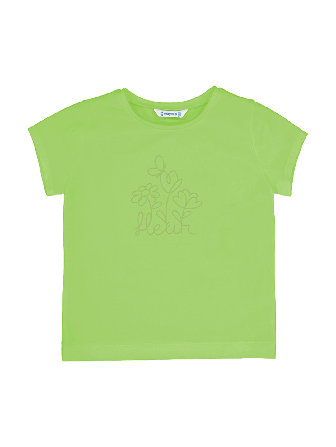 Playera verde manzana para niña con cuello redondo y estampado lineal de flores en el pecho.