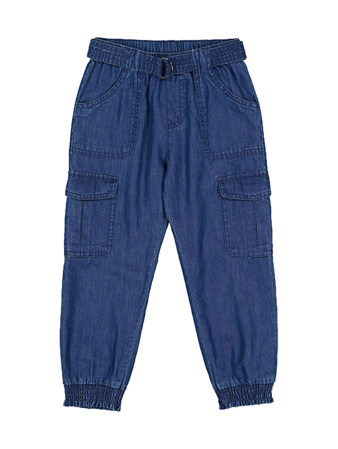 Pantalón azul oscuro estilo cargo para niña con cintura y tobillos elásticos.