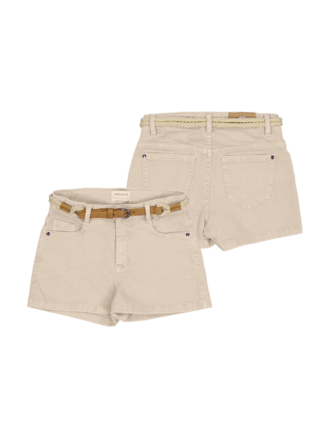 Shorts color beige para niña con cinturón incluido, vista frontal y posterior.