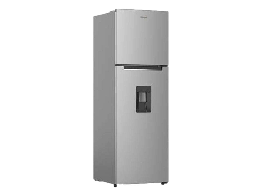 Refrigerador Whirlpool de dos puertas en color silver con dispensador de agua frontal.