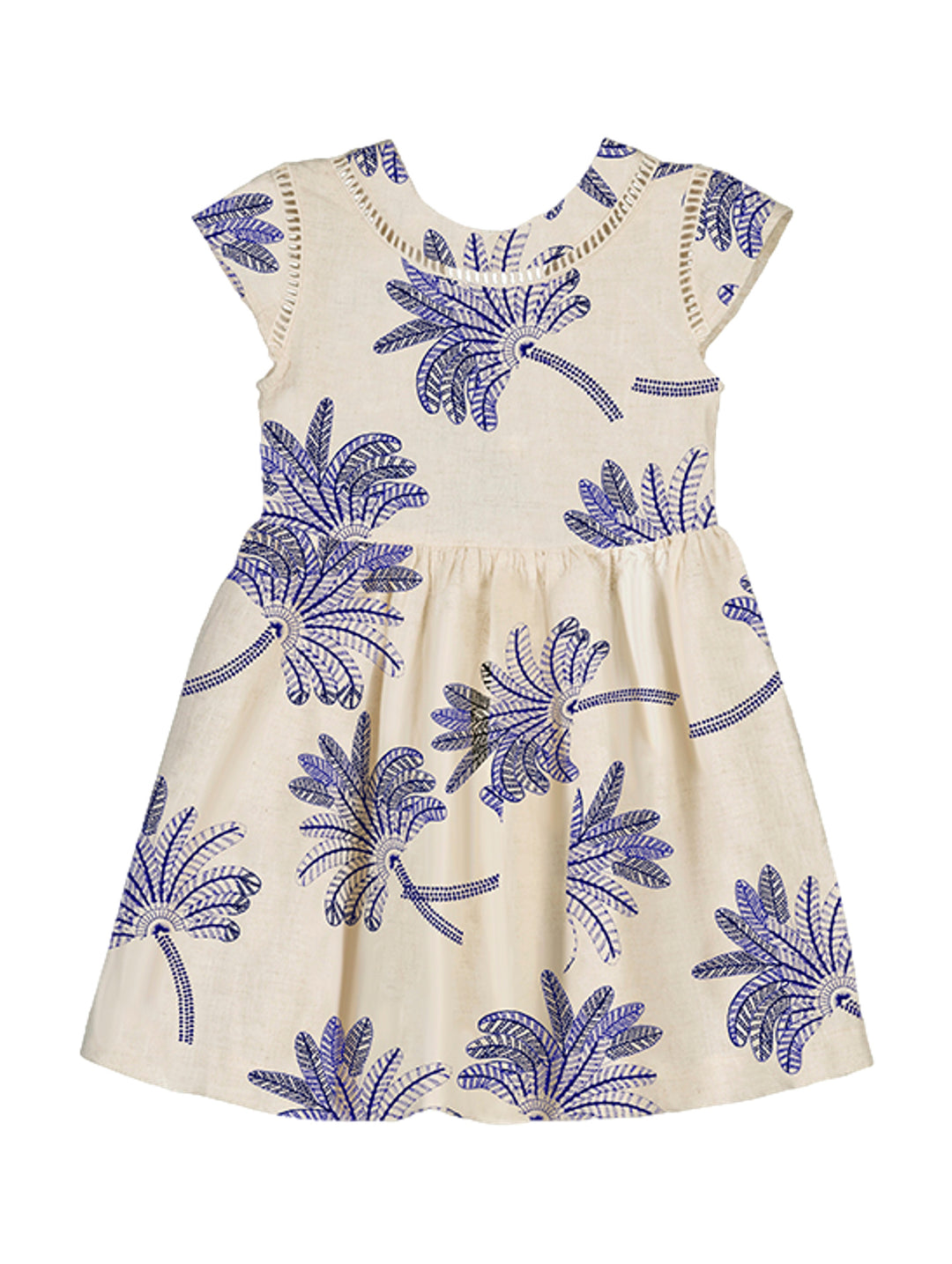 Vestido para niña color lino con estampado de hojas azules y detalles calados en el cuello.