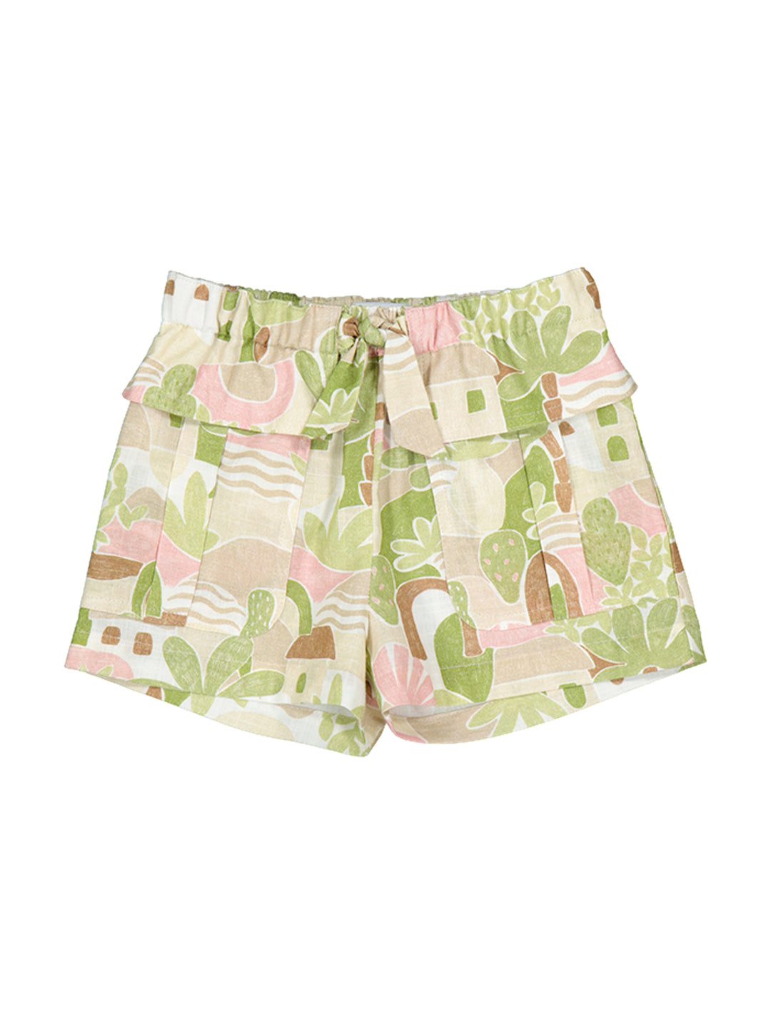 Short para niña Mayoral con estampado multicolor en tonos verde manzana, rosa y beige.