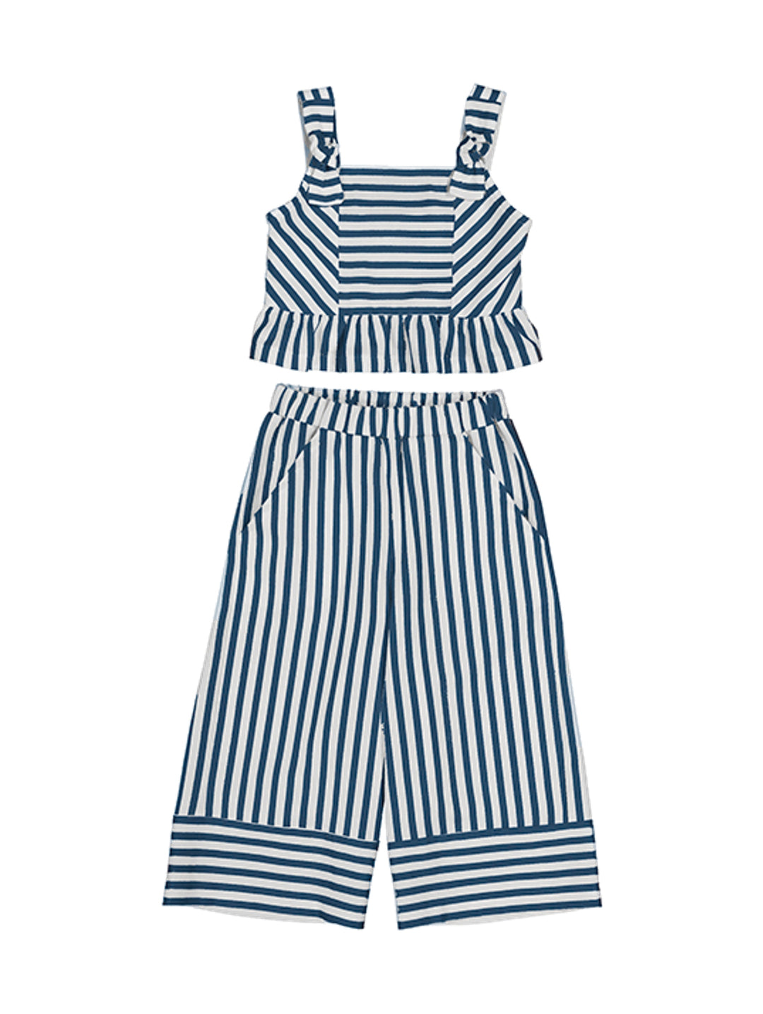 Conjunto para niña Mayoral con top y pantalón a rayas azul marino y blanco.