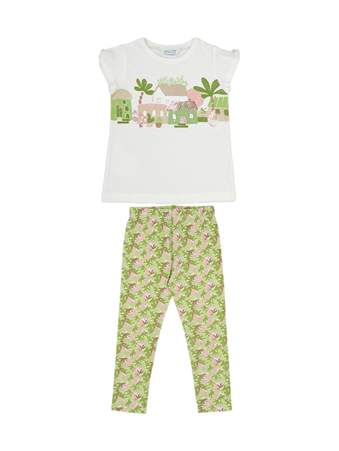 Conjunto para niña Mayoral con camiseta blanca estampada y leggings verdes con motivos rosas.