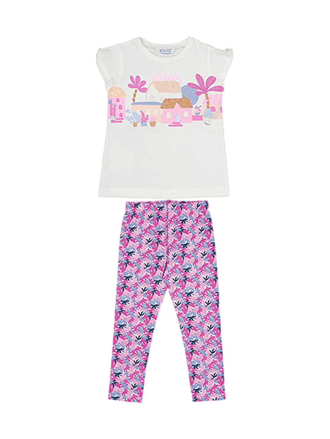 Conjunto para niña Mayoral con camiseta blanca estampada y leggings malva con patrones.