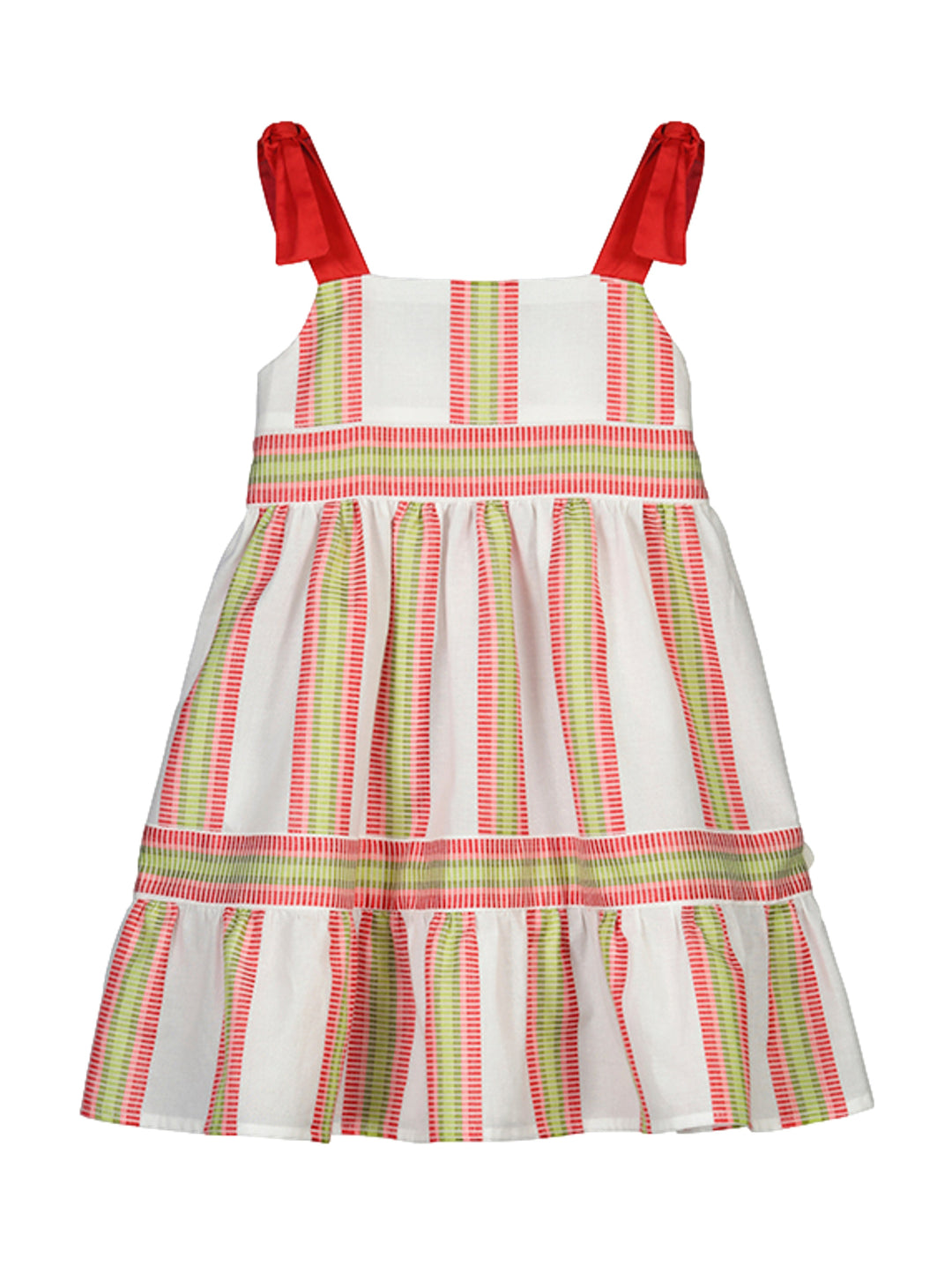 Vestido blanco para niña con rayas verticales rojas y verdes y tirantes rojos con lazos.