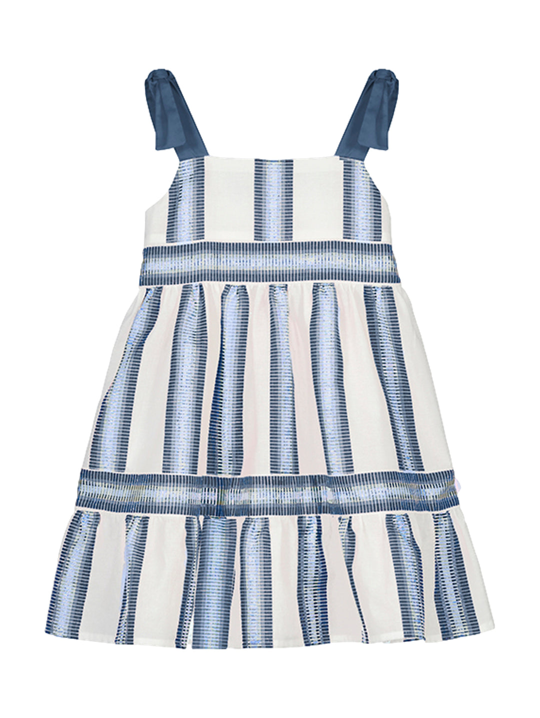 Vestido blanco con rayas verticales color tinta y tirantes anudados para niña.