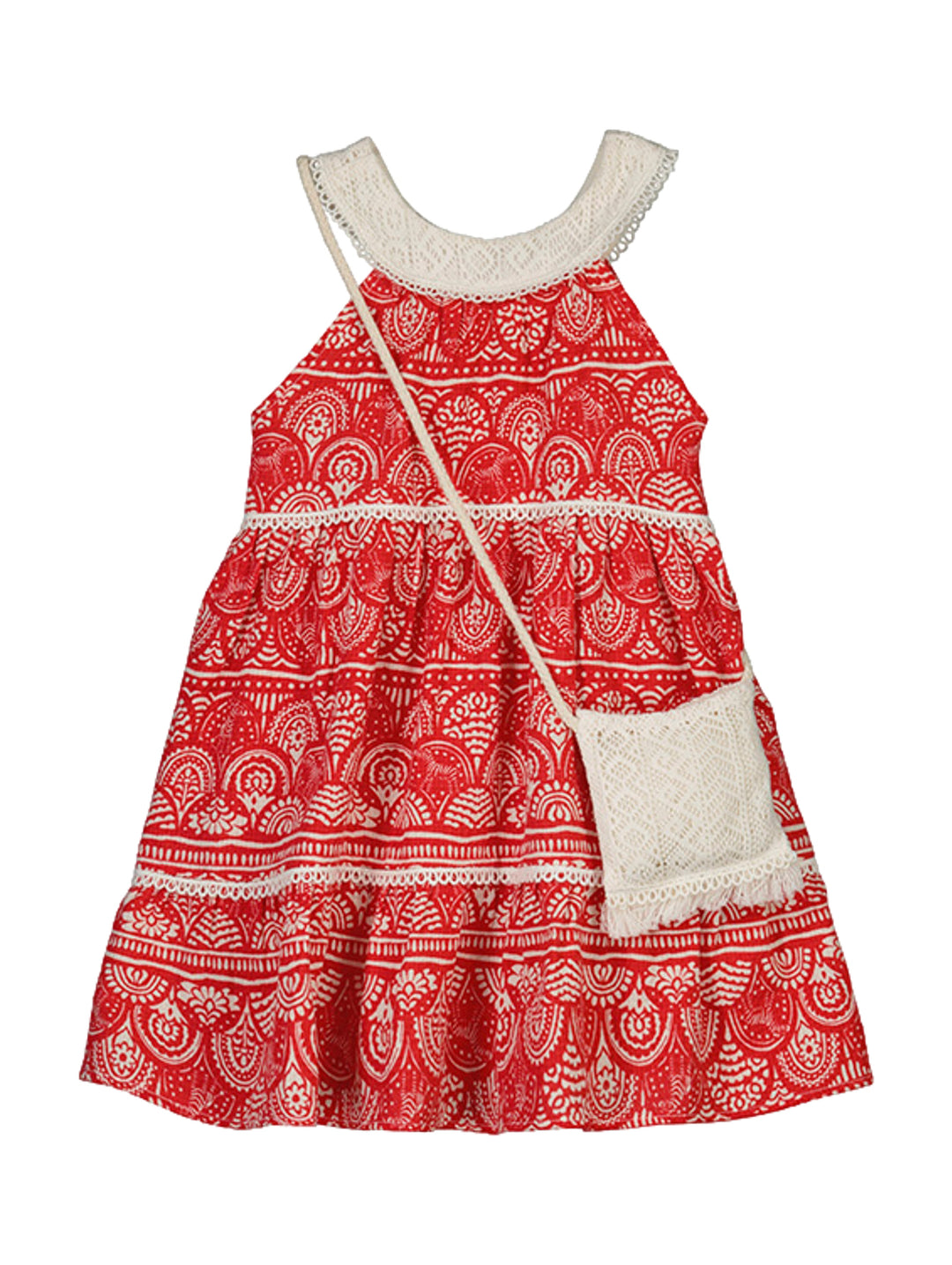 Vestido rojo con estampado blanco y bolso de crochet blanco para niña.