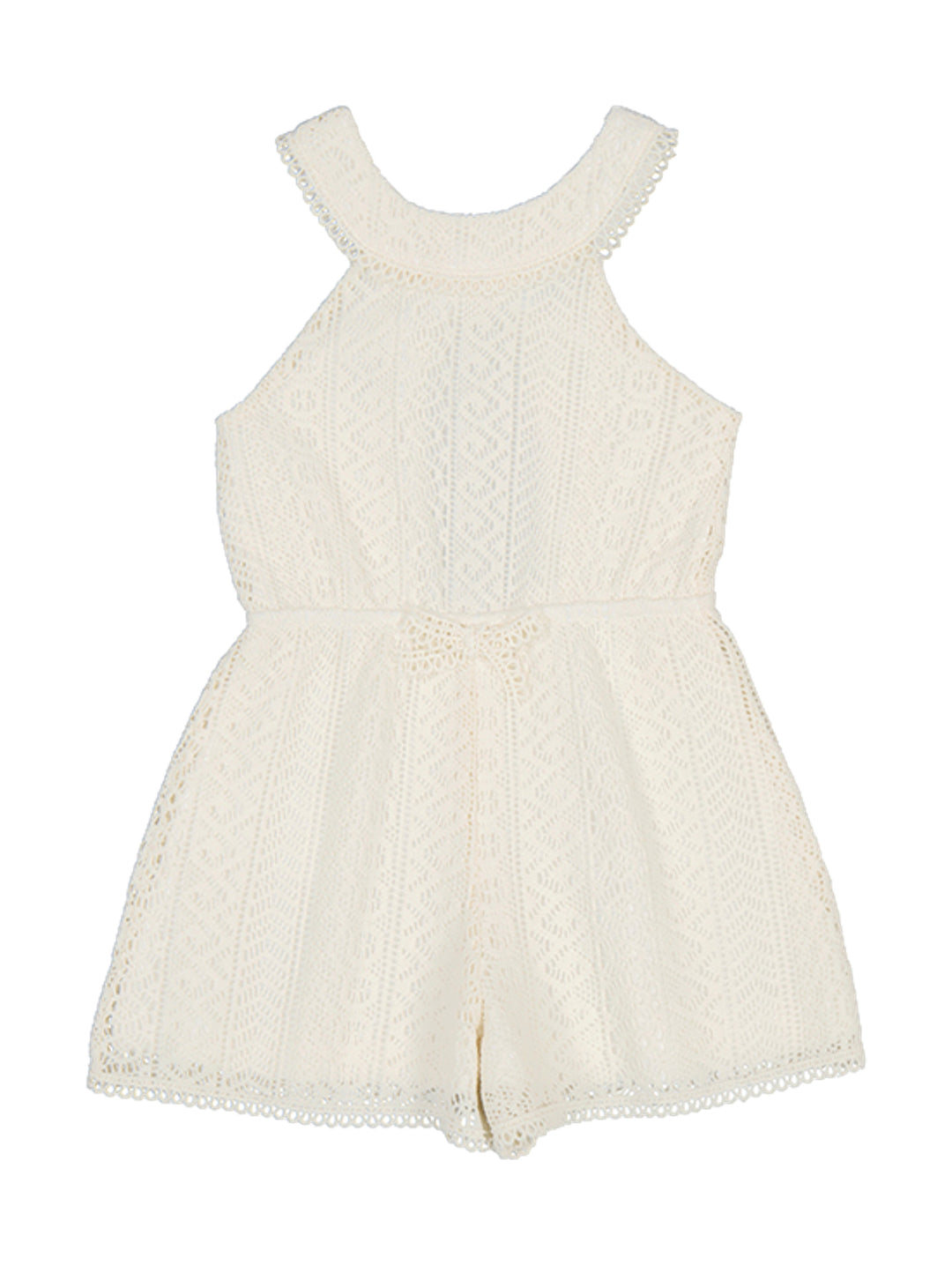 Mono blanco de encaje para niña con cuello redondo y cintura ajustada.