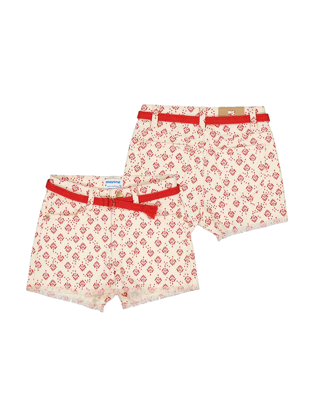 Shorts para niña color beige con estampado rojo y cinturón rojo.