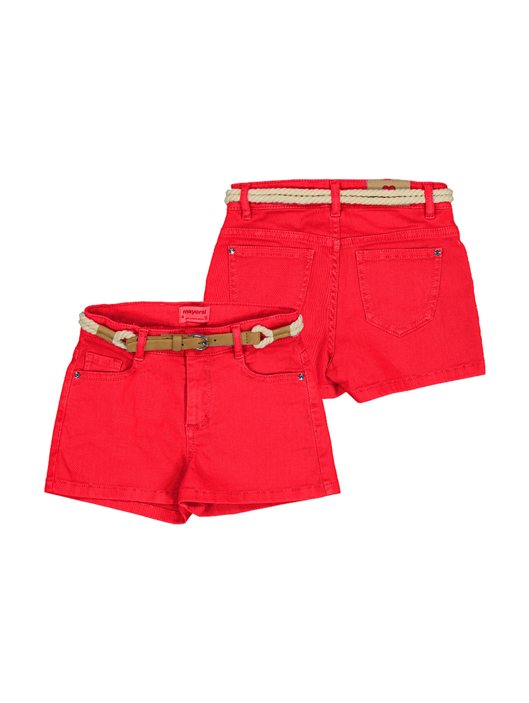 Short rojo para niña de la marca Mayoral con cinturón de cuerda color beige.