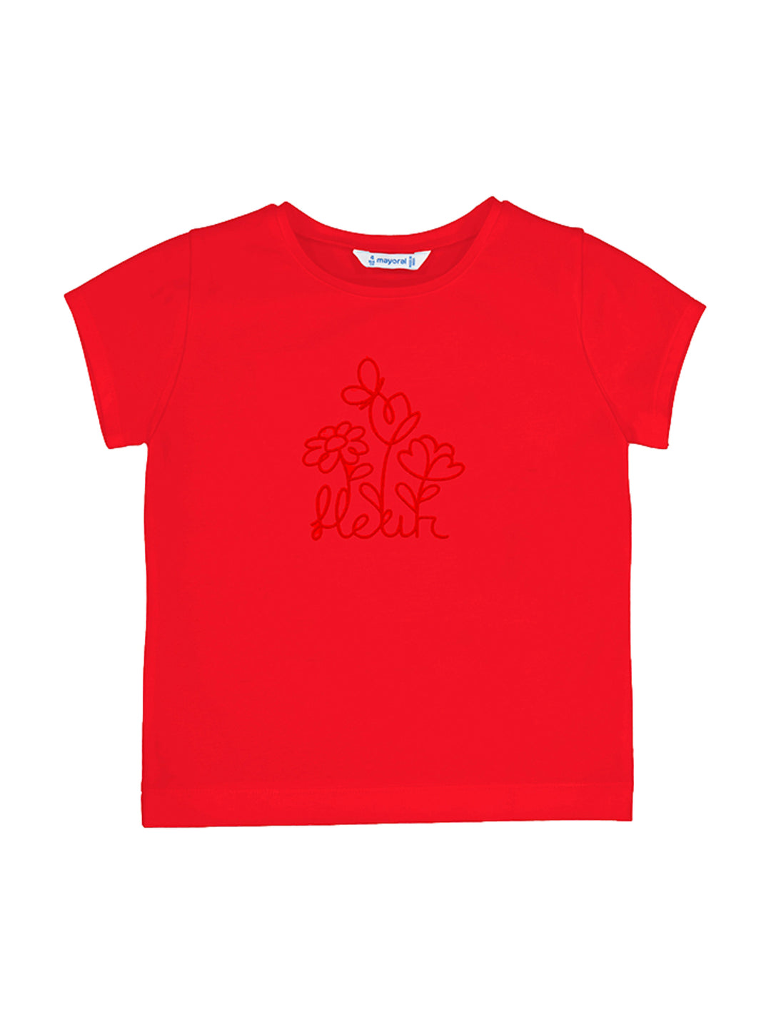 Blusa roja de manga corta para niña con un dibujo floral lineal en el centro.
