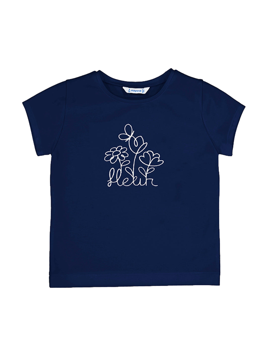 Camiseta azul marino de manga corta para niña con estampado blanco de flores lineales en el centro.